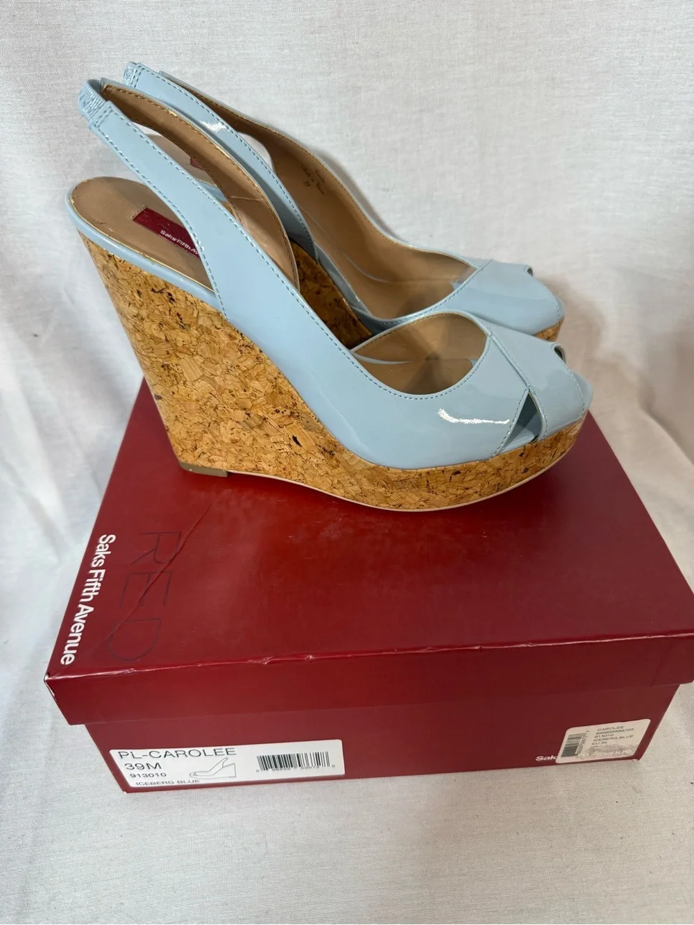 Saks Fifth Avenue Pale Blue Patent Slingback Peep-Toe Heels Size 9